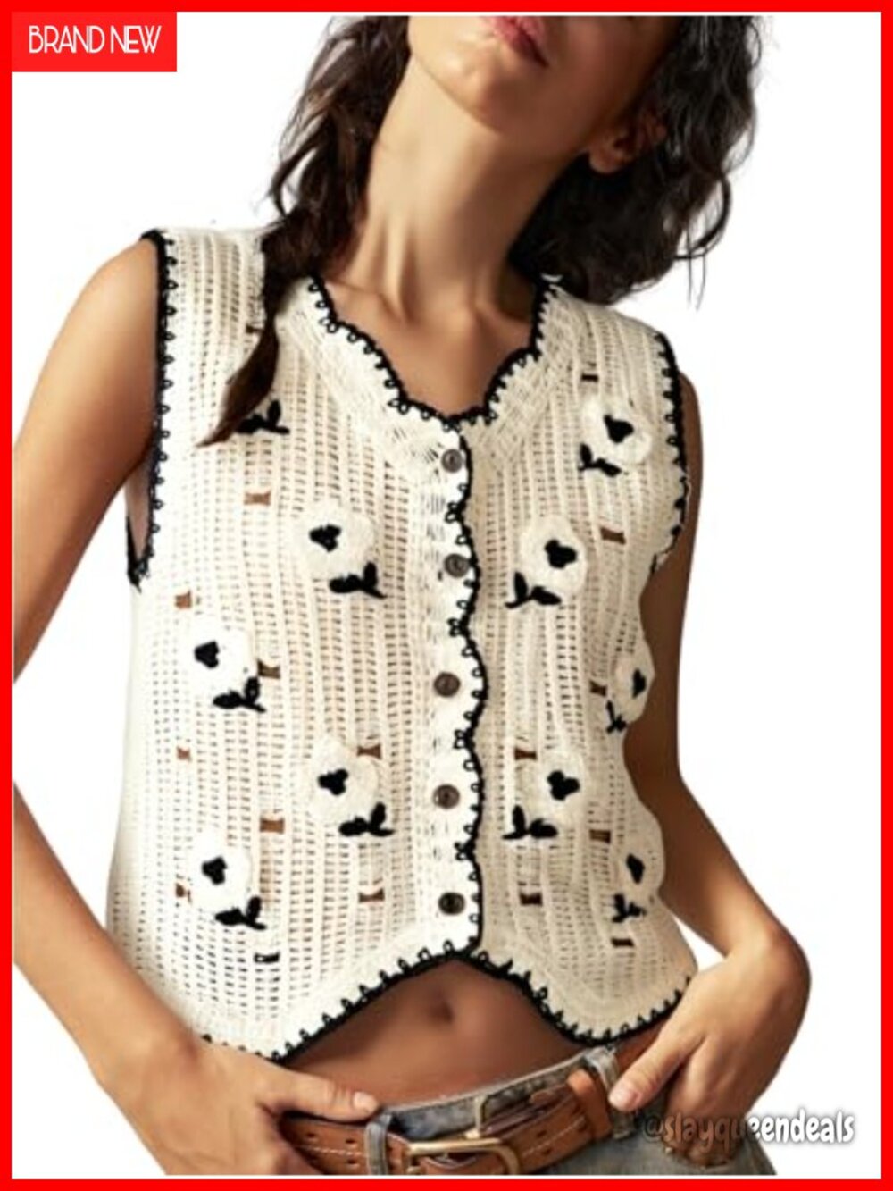 Women's Sleeveless Knit Sweater Vest Button Down Boho Embroidered Tank Top